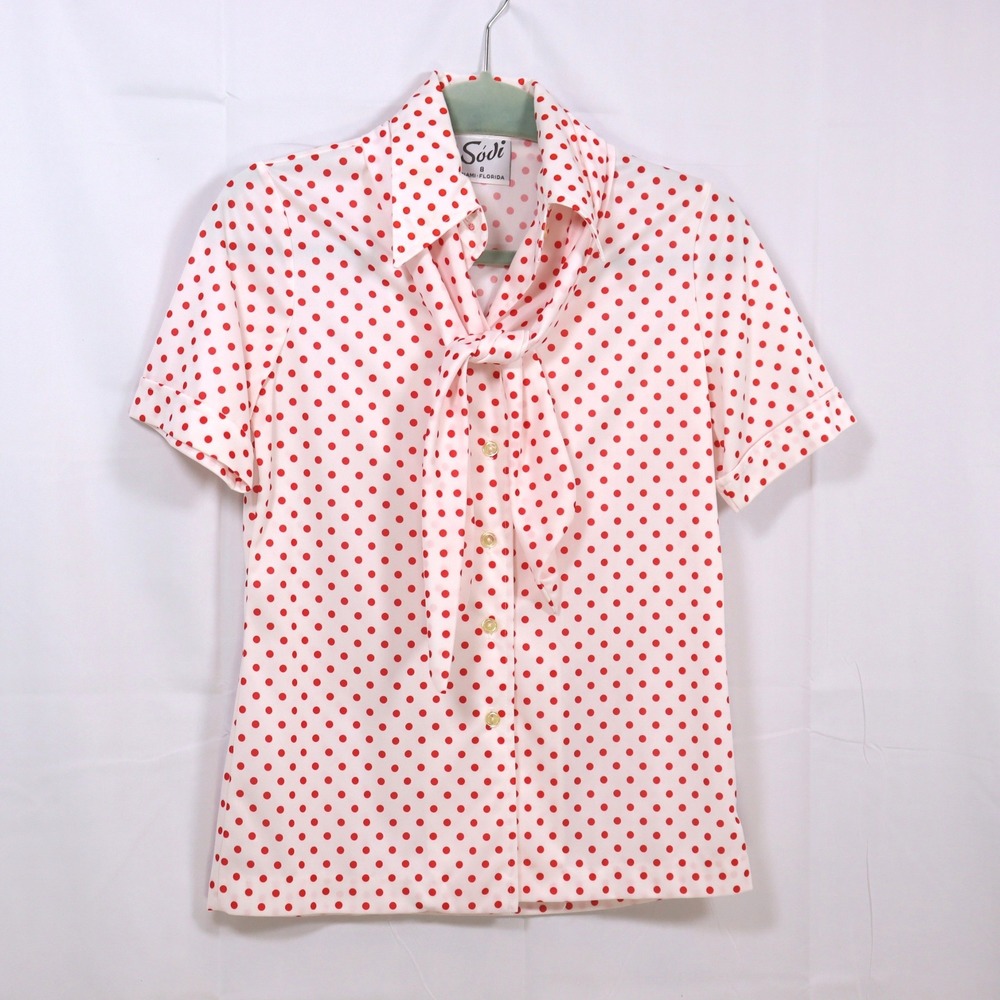 Sodi Polka Dot Blouse 8 Red White Womens Tie Neck Vintage Top